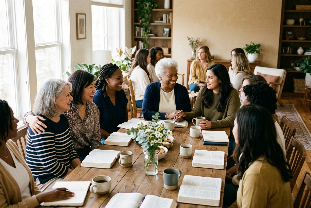 Multigenerational women supporting one another around a table