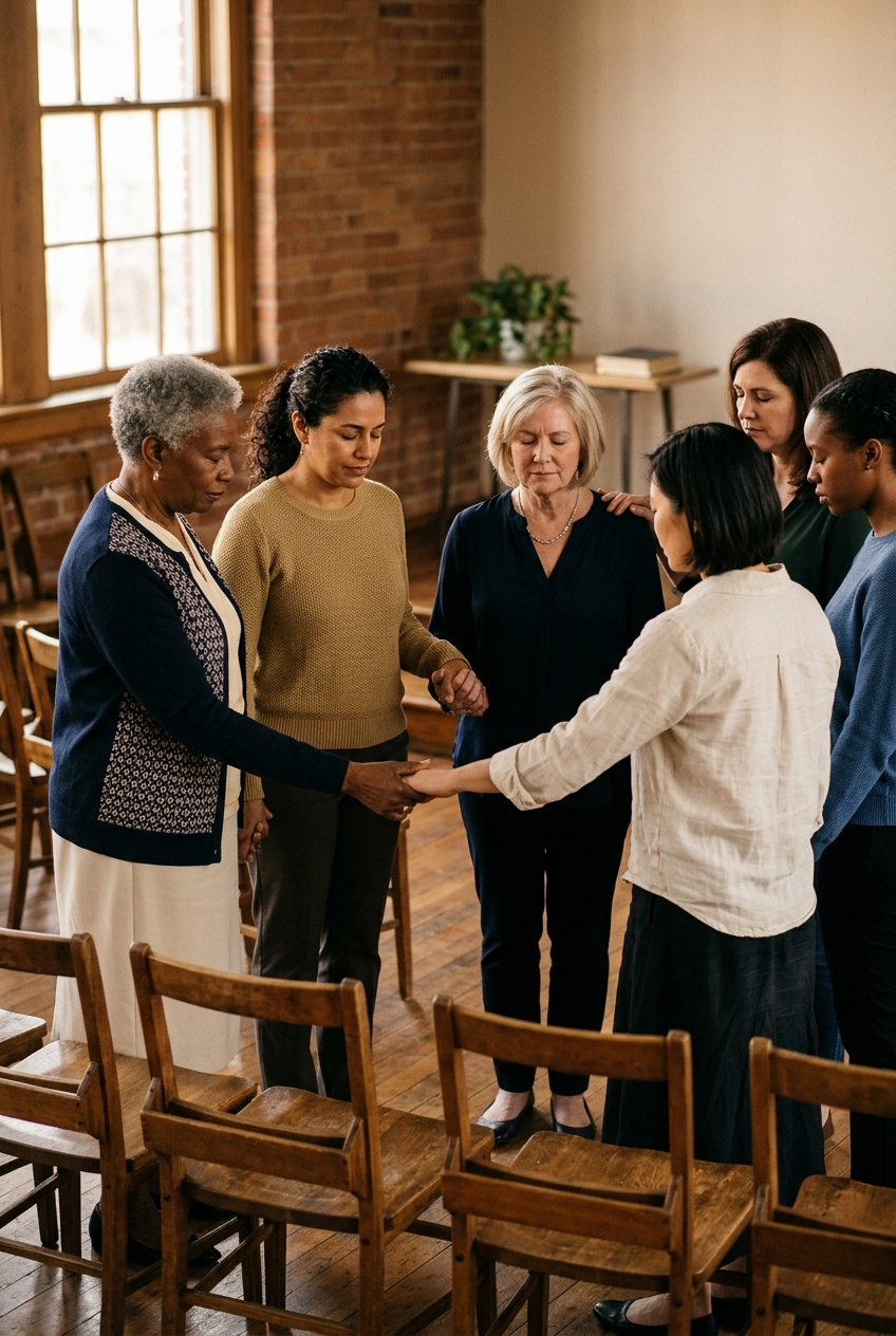 Women holding hands in prayer together