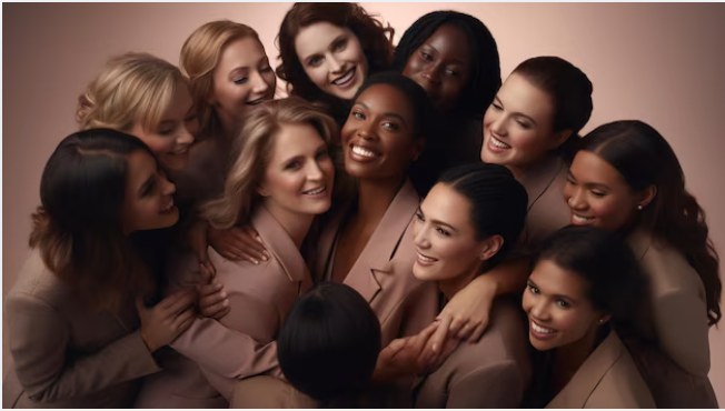 A diverse group of women embracing together